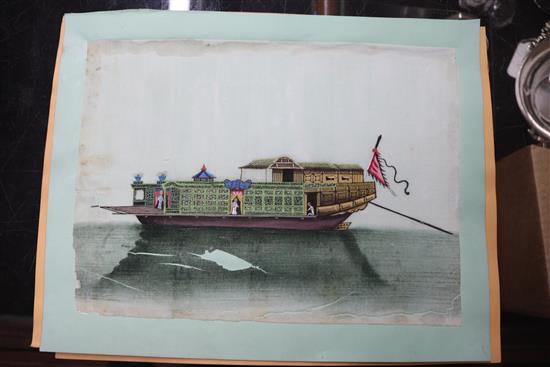 Seven 19th century Chinese pith paintings, five depicting junk boats and two flowers